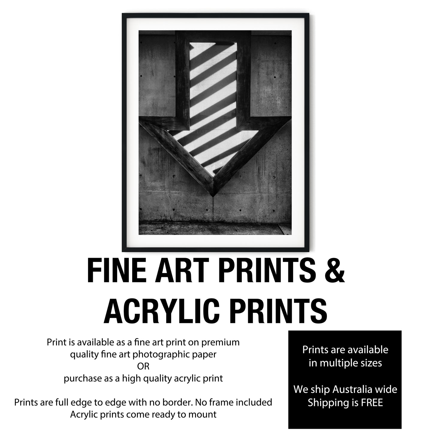 Illuminated Geometric Down Arrow on Textured Concrete Wall Black and White Print