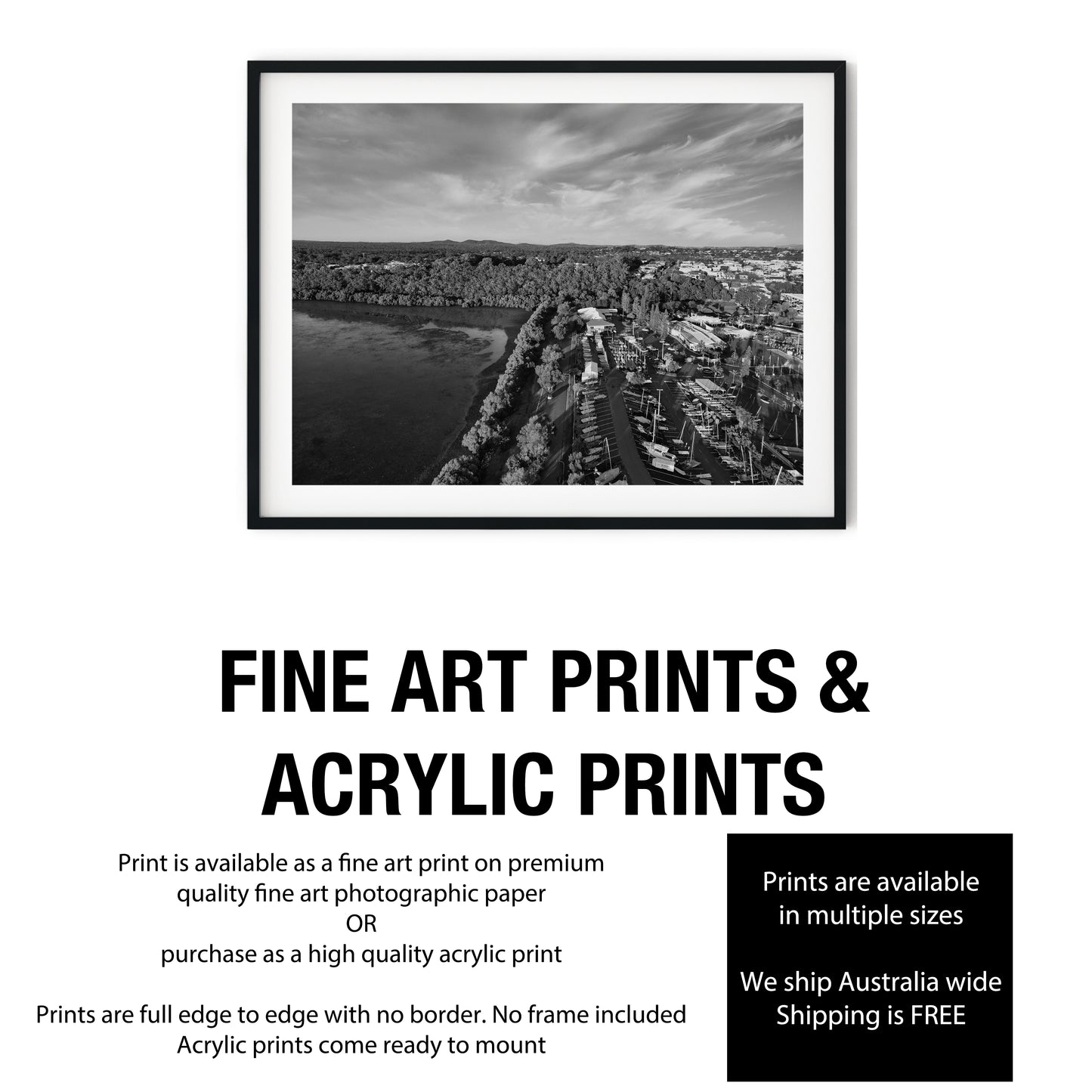 Inspiration Point Aerial Harbor View Manly Brisbane Black and White Print
