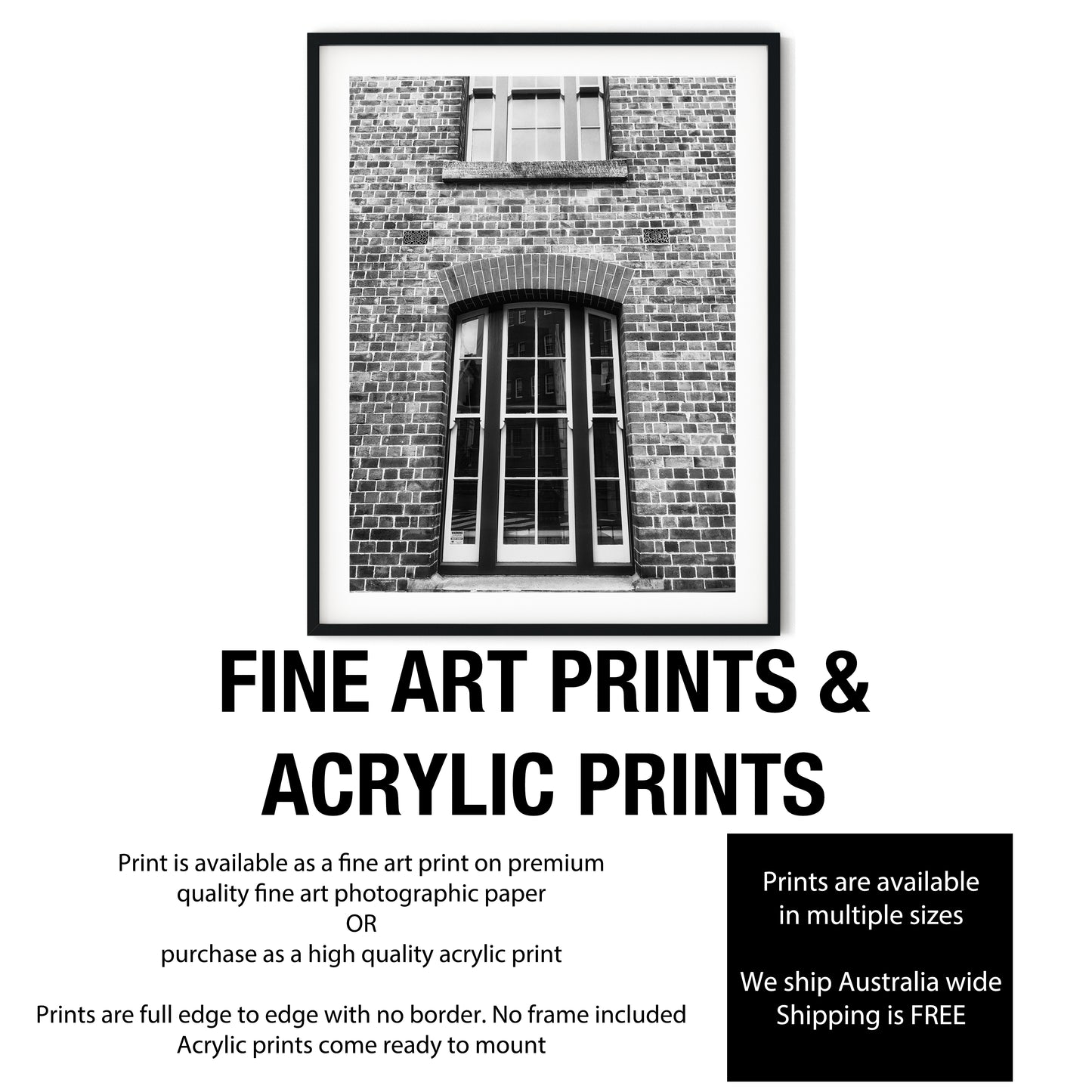 Vintage Arched Sash Windows on Brick Facade Black and White Print