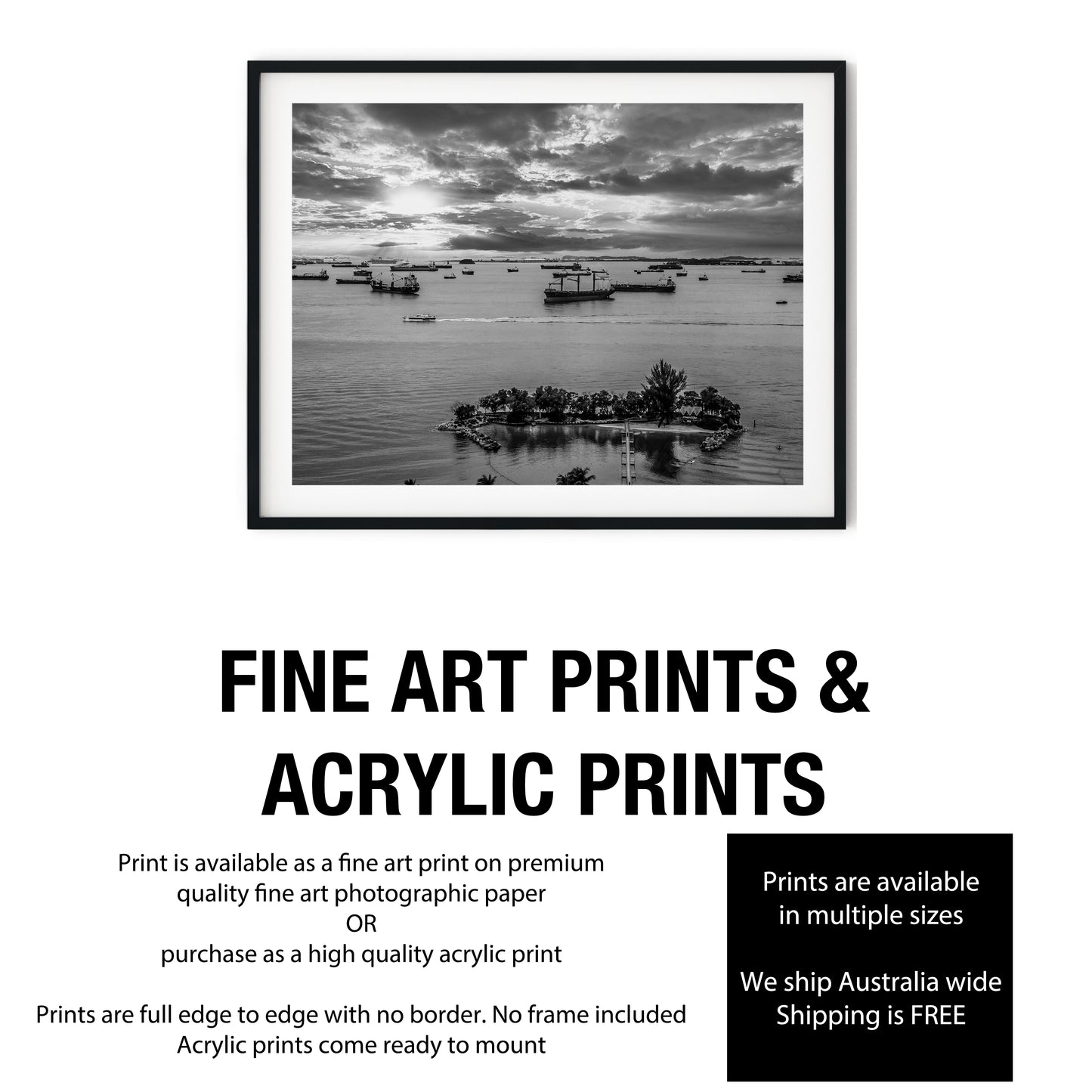 Sentosa Island Cargo Ships Black and White Print