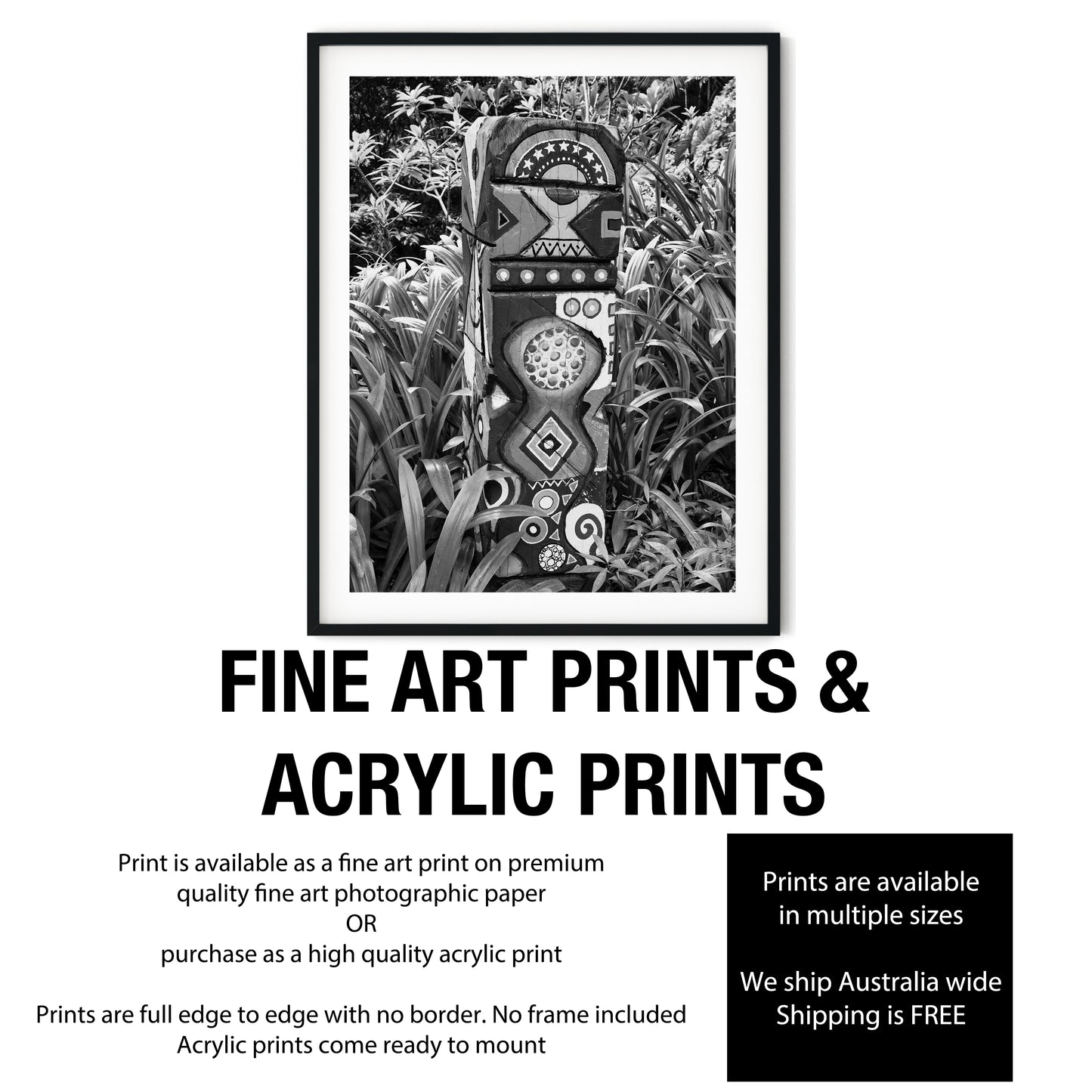 Painted Wooden Totem in Lush Garden Black and White Print