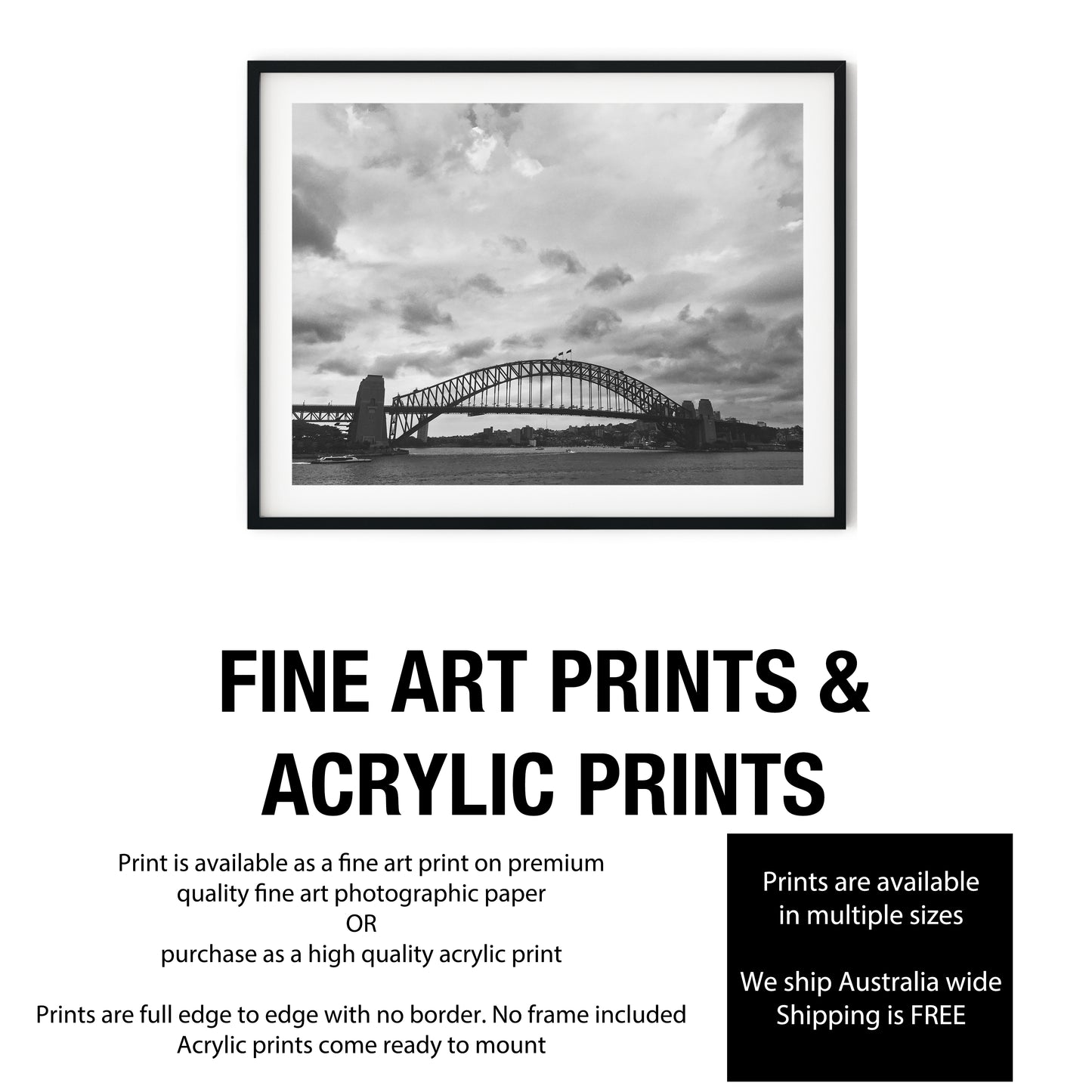Sydney Harbour Bridge Under Dramatic Sky Black and White Print
