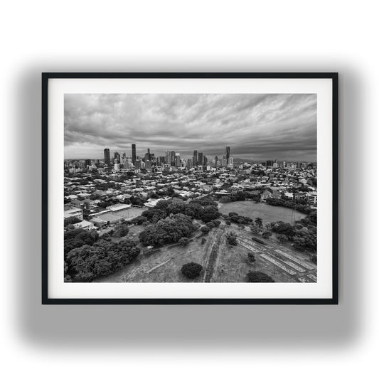 Aerial Brisbane City Skyline and New Farm Park Black and White Print
