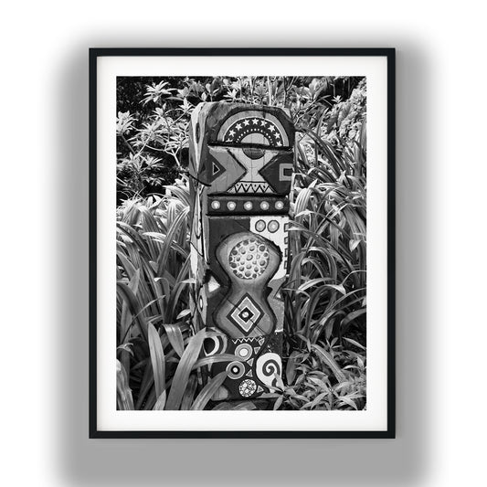 Painted Wooden Totem in Lush Garden Black and White Print