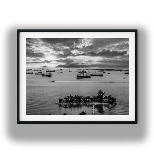 Sentosa Island Cargo Ships Black and White Print