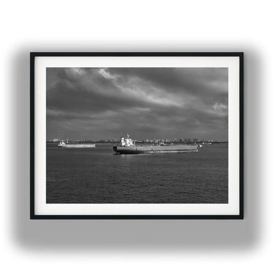 Ships In Singapore Harbour Black and White Print