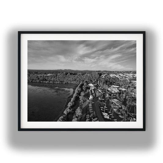 Inspiration Point Aerial Harbor View Manly Brisbane Black and White Print