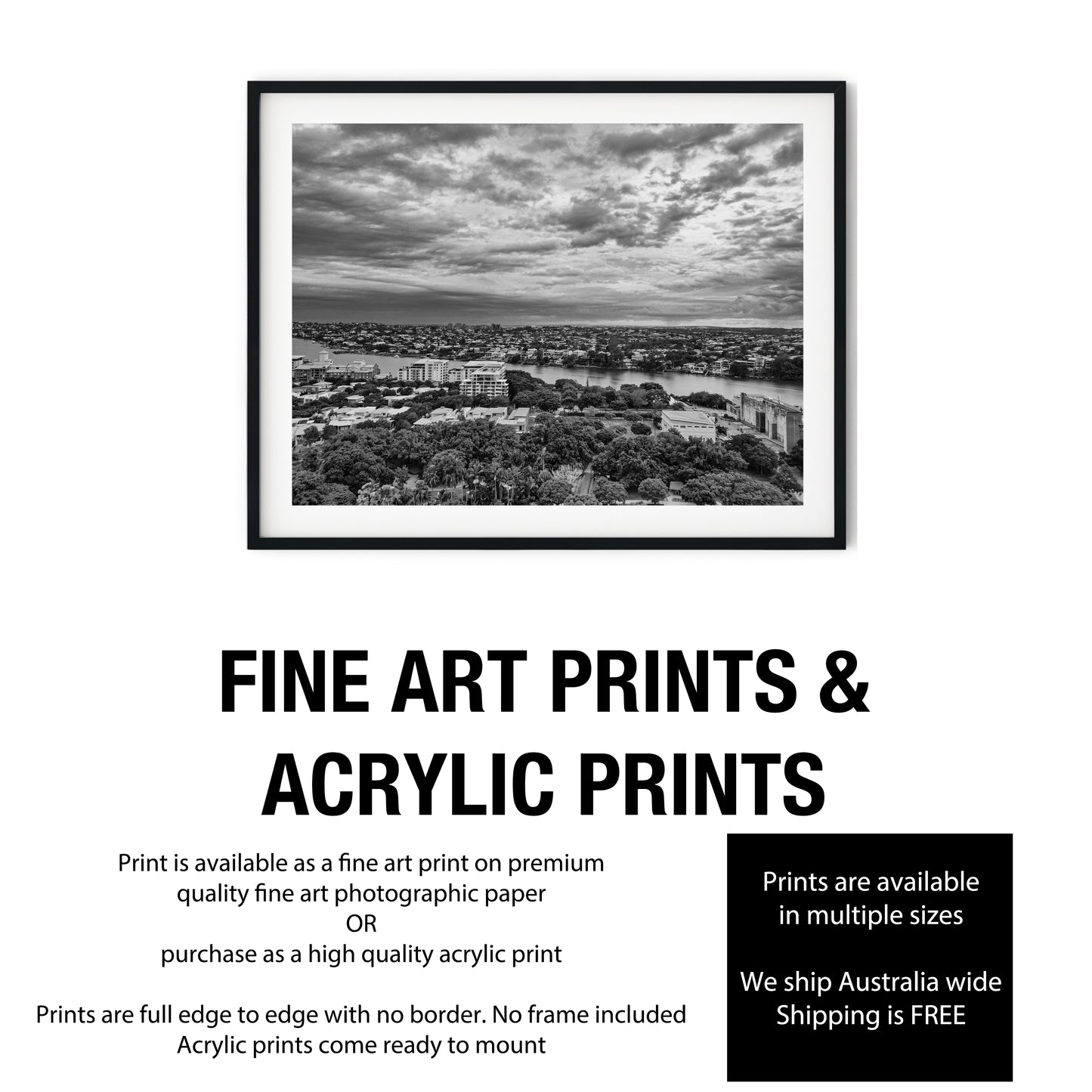 Aerial View of New Farm Brisbane Black and White Print