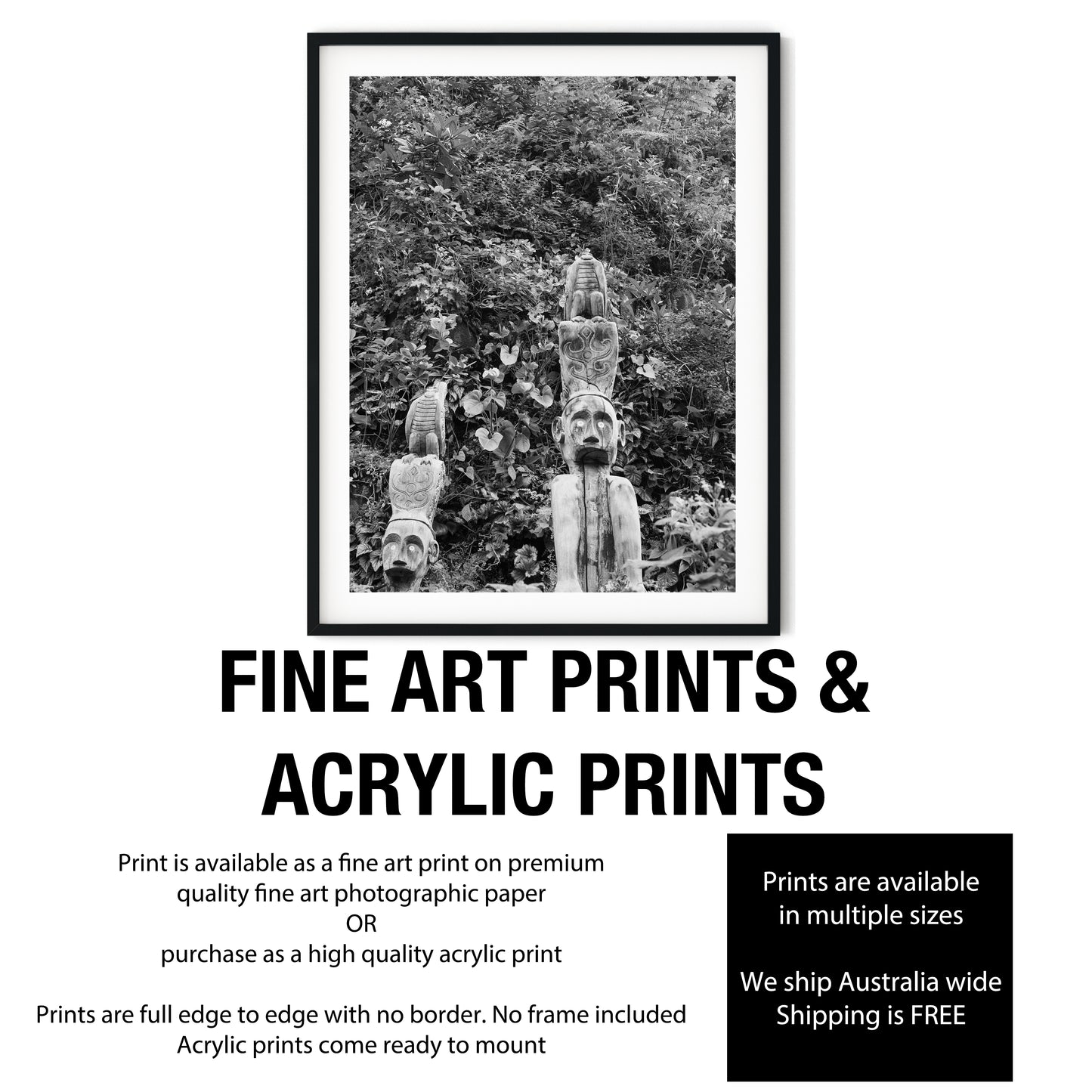 Carved Wooden Totem Poles in Lush Foliage Black and White Print