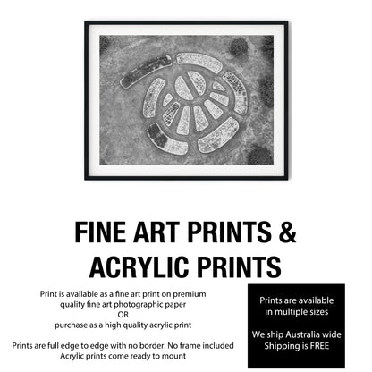 Aerial View of Circular Geometric Garden Beds Black and White Print