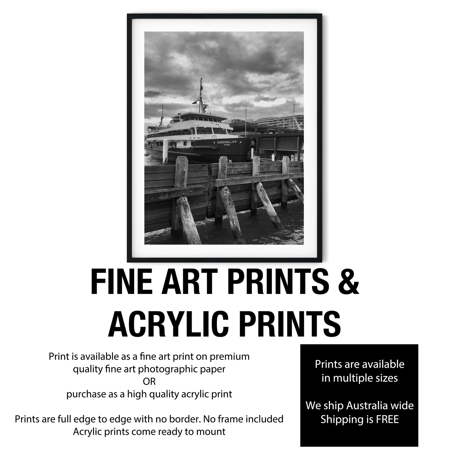 Queenscliff Sydney Ferry at Wharf Black and White Print