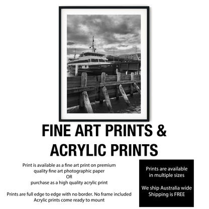 Queenscliff Sydney Ferry at Wharf Black and White Print
