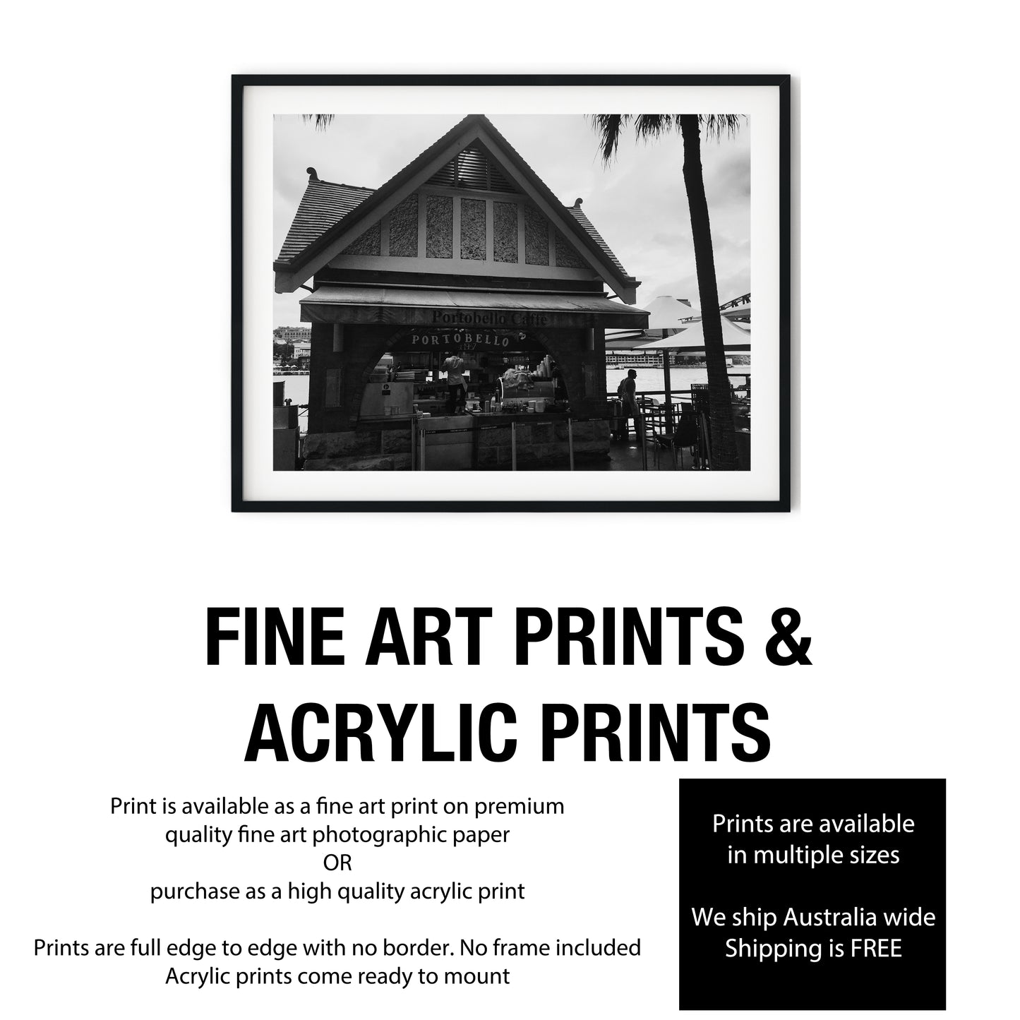 Portobello Caffe Waterfront Kiosk Black and White Print