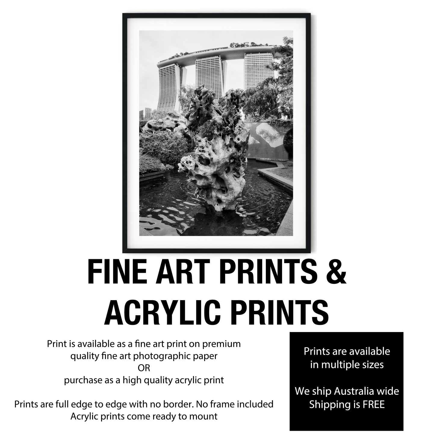 Marina Bay Sands Behind Scholar's Rock Black and White Print
