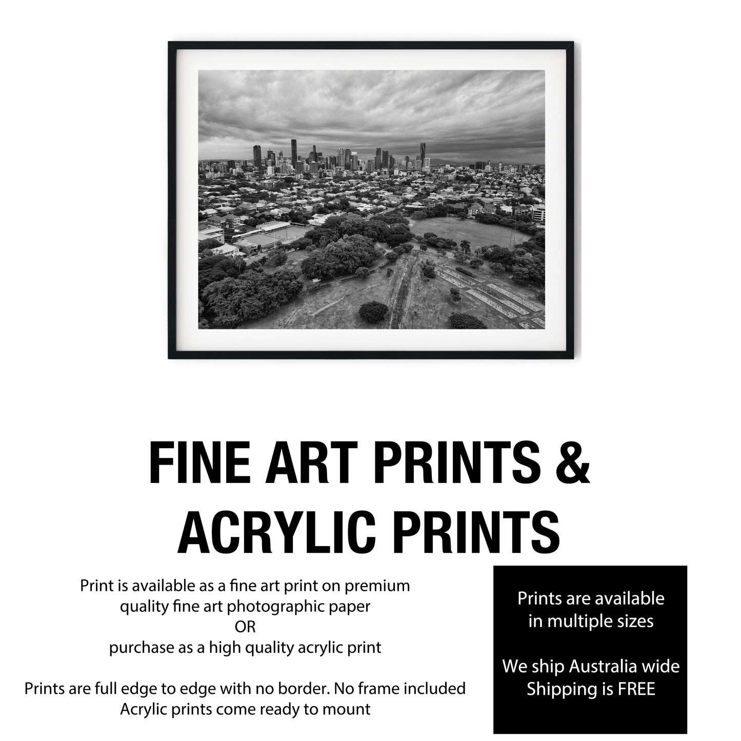 Aerial Brisbane City Skyline and New Farm Park Black and White Print