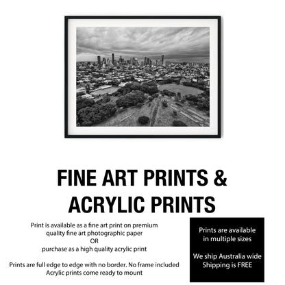 Aerial Brisbane City Skyline and New Farm Park Black and White Print