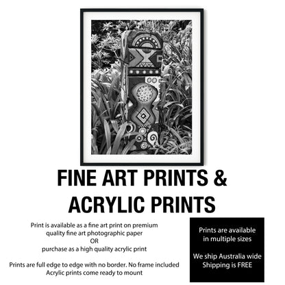 Painted Wooden Totem in Lush Garden Black and White Print