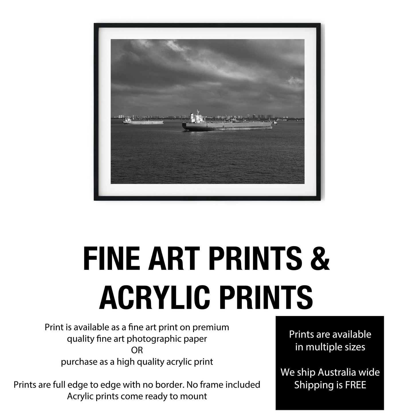 Ships In Singapore Harbour Black and White Print