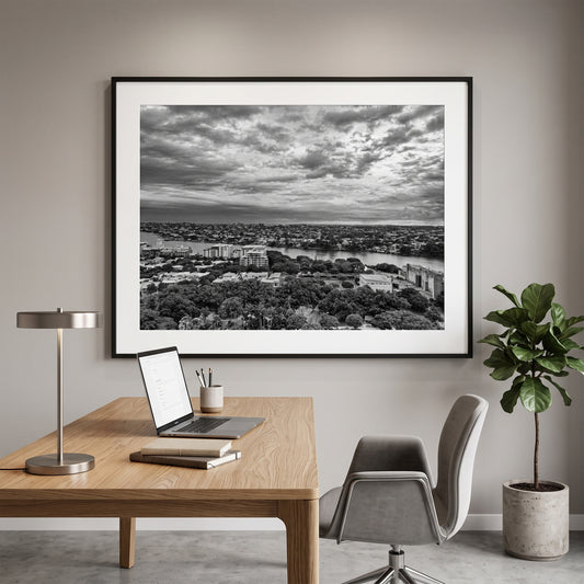 Aerial View of New Farm Brisbane Black and White Print