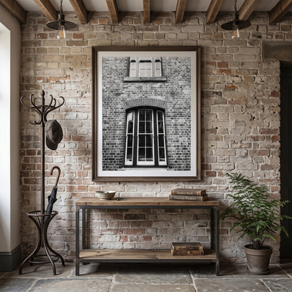 Vintage Arched Sash Windows on Brick Facade Black and White Print