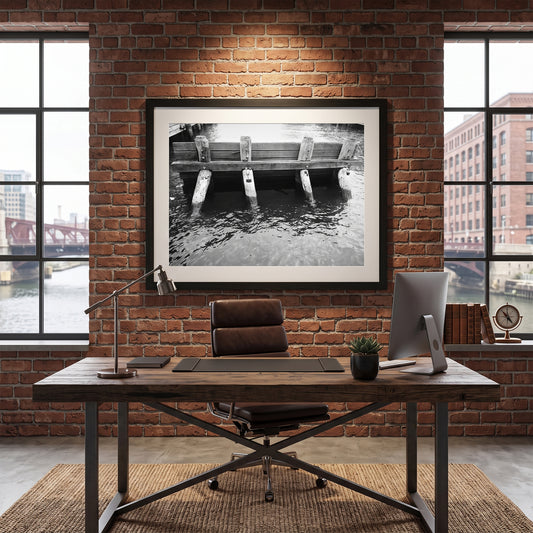 Rustic Wooden Pier Pilings in Water Black and White Print
