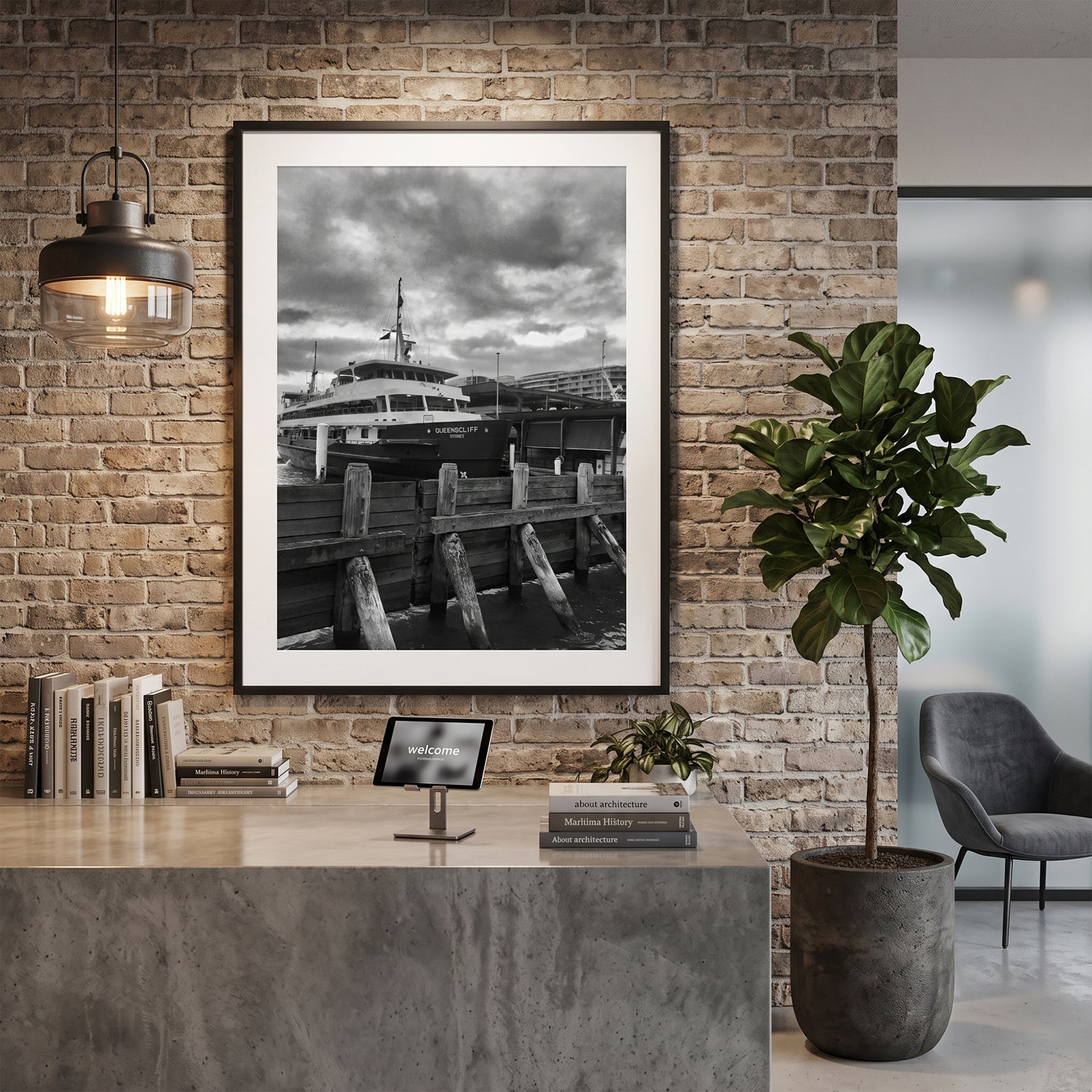 Queenscliff Sydney Ferry at Wharf Black and White Print