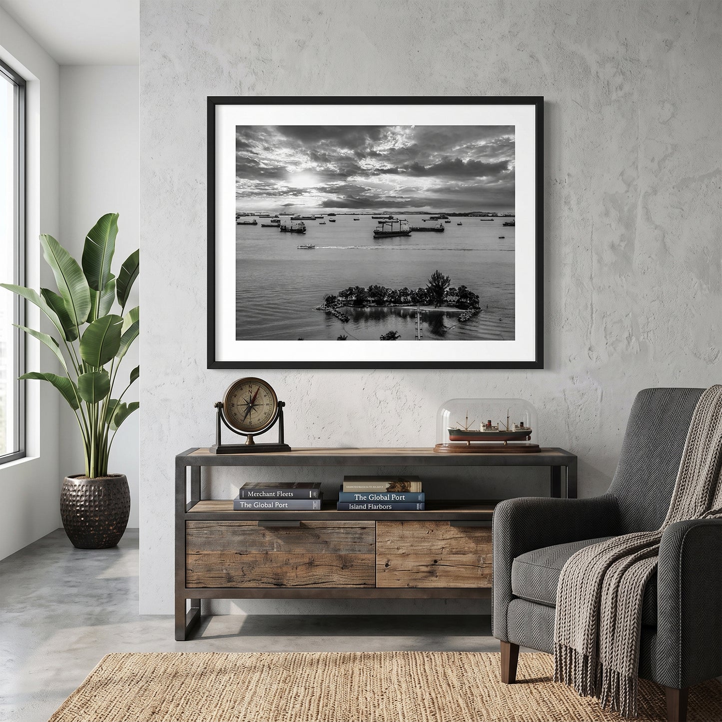 Sentosa Island Cargo Ships Black and White Print