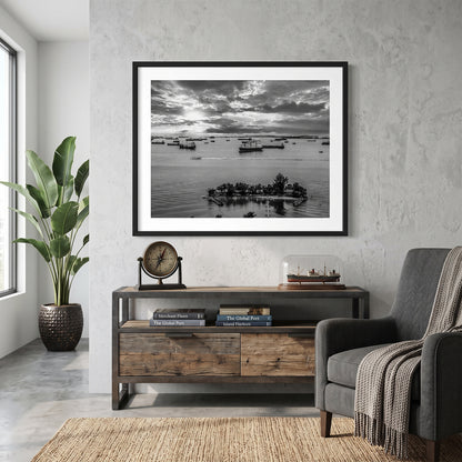 Sentosa Island Cargo Ships Black and White Print