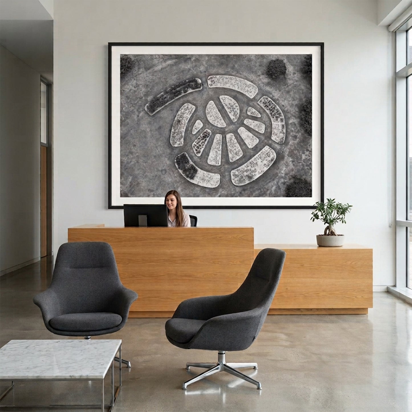 Aerial View of Circular Geometric Garden Beds Black and White Print