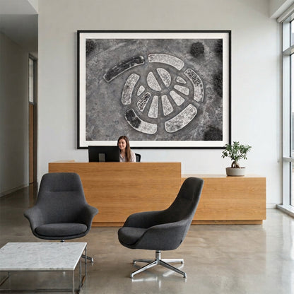 Aerial View of Circular Geometric Garden Beds Black and White Print