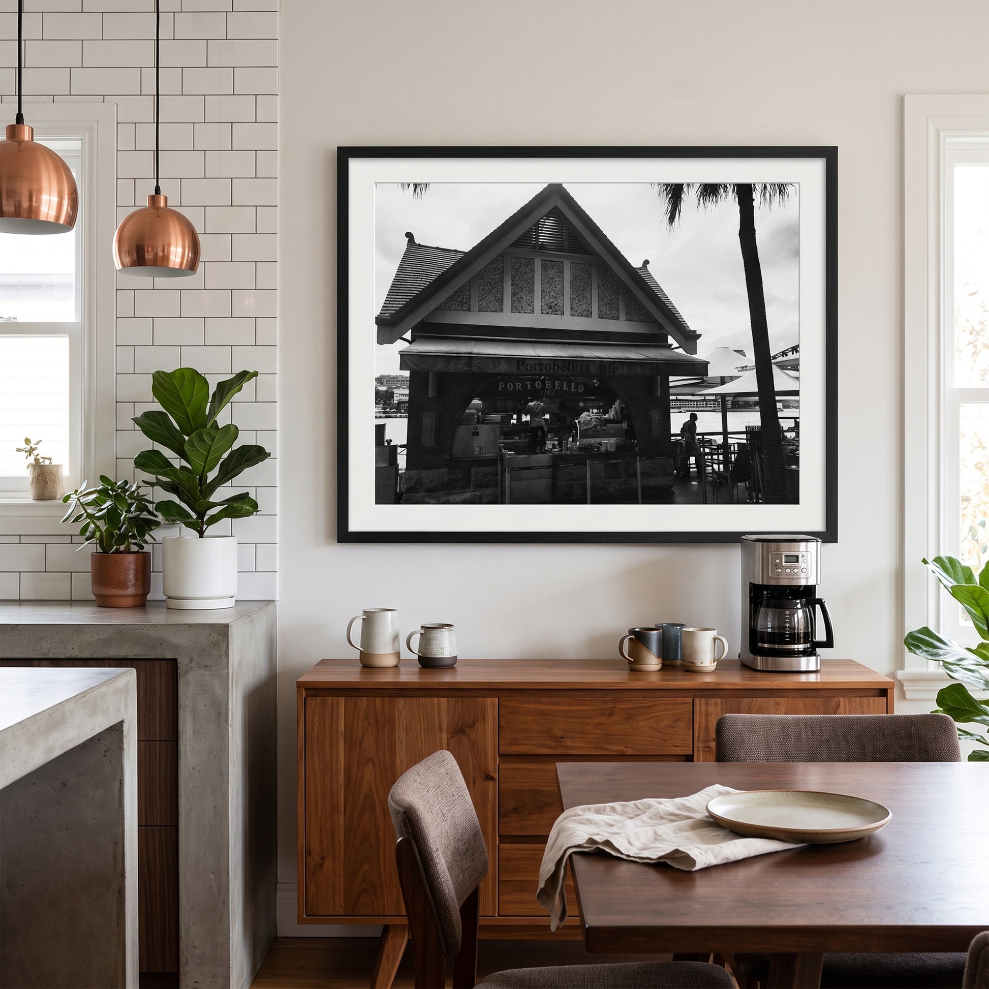 Portobello Caffe Waterfront Kiosk Black and White Print