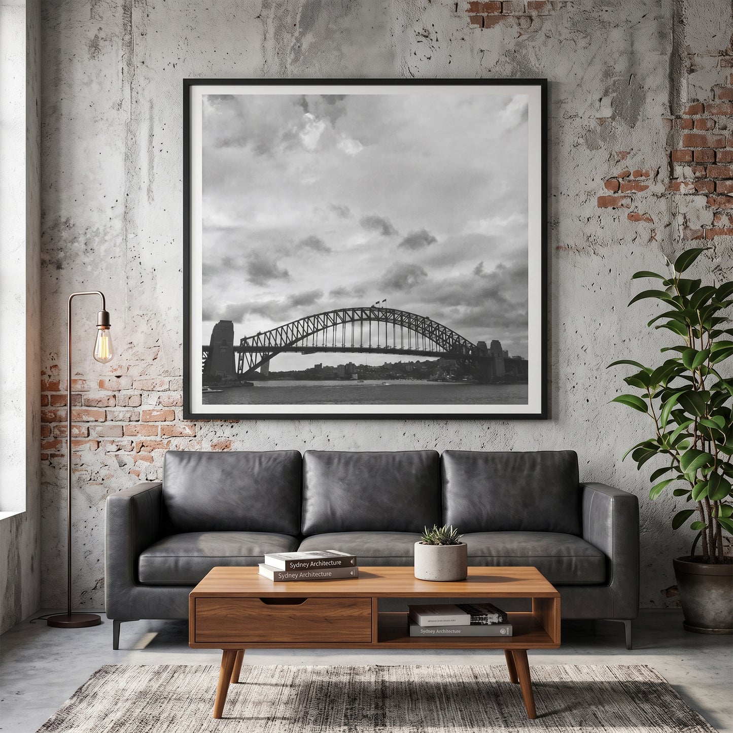 Sydney Harbour Bridge Under Dramatic Sky Black and White Print