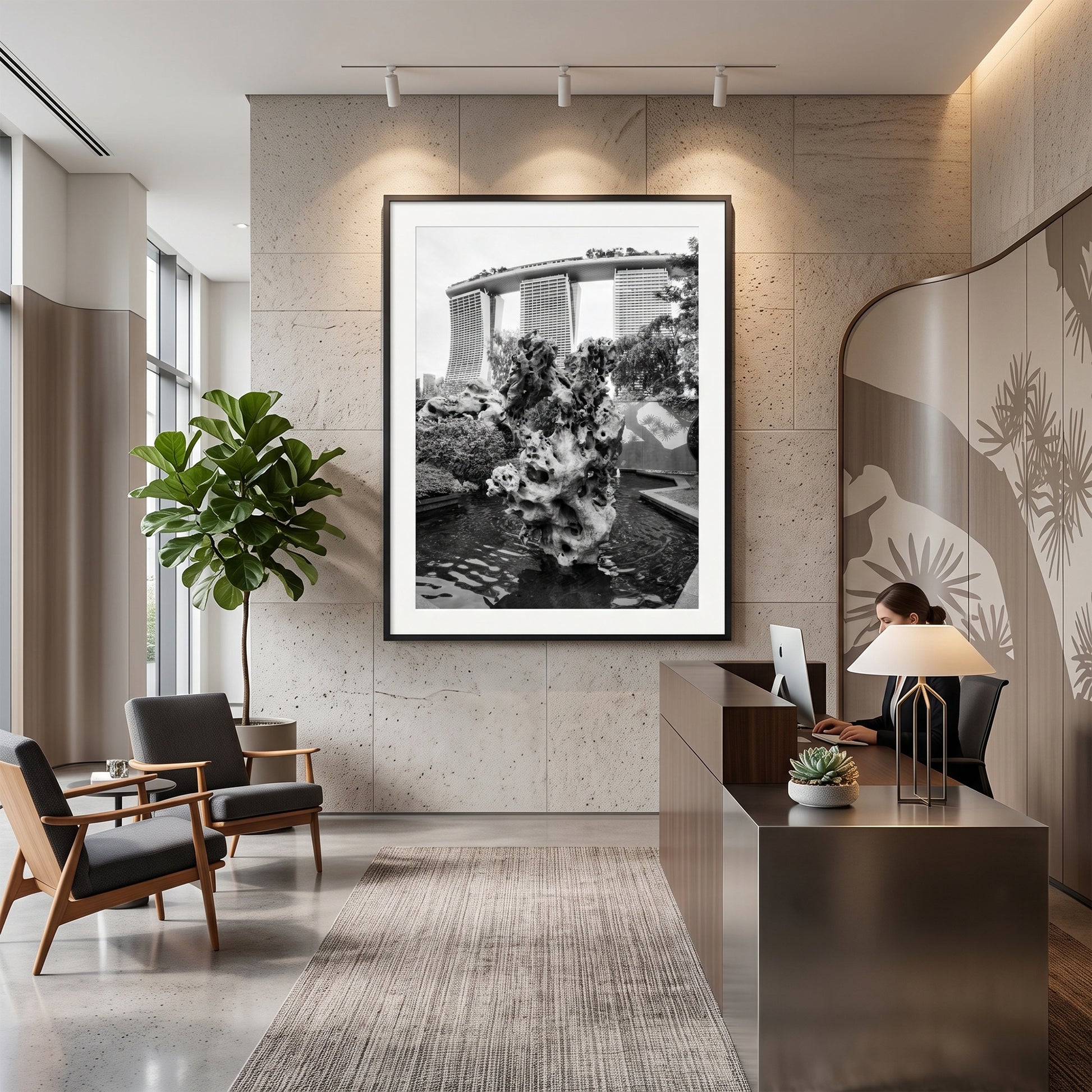 Marina Bay Sands Behind Scholar's Rock Black and White Print