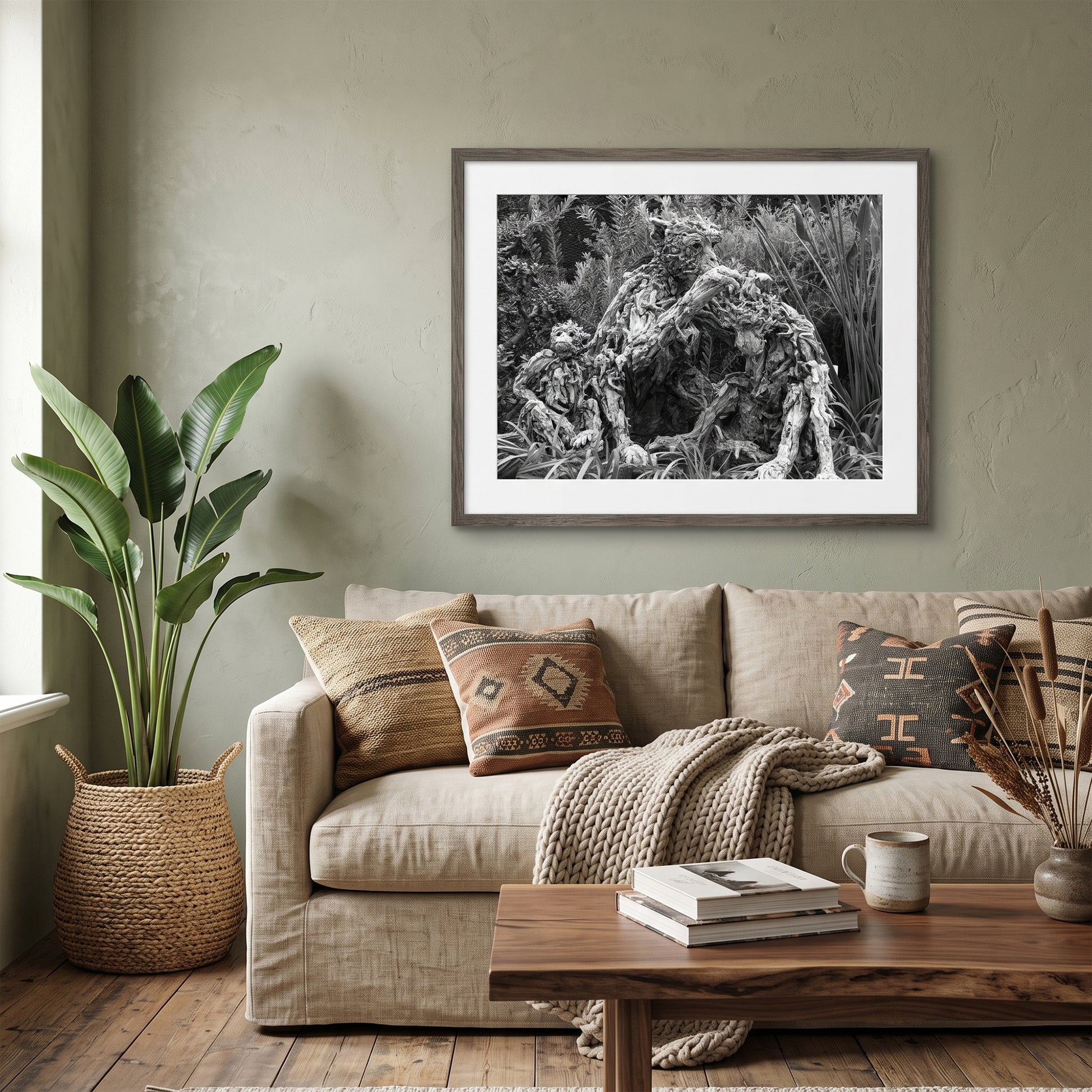 Driftwood Monkey Family Sculptures Black and White Print