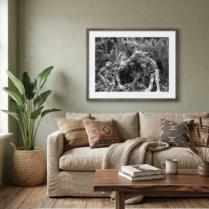 Driftwood Monkey Family Sculptures Black and White Print