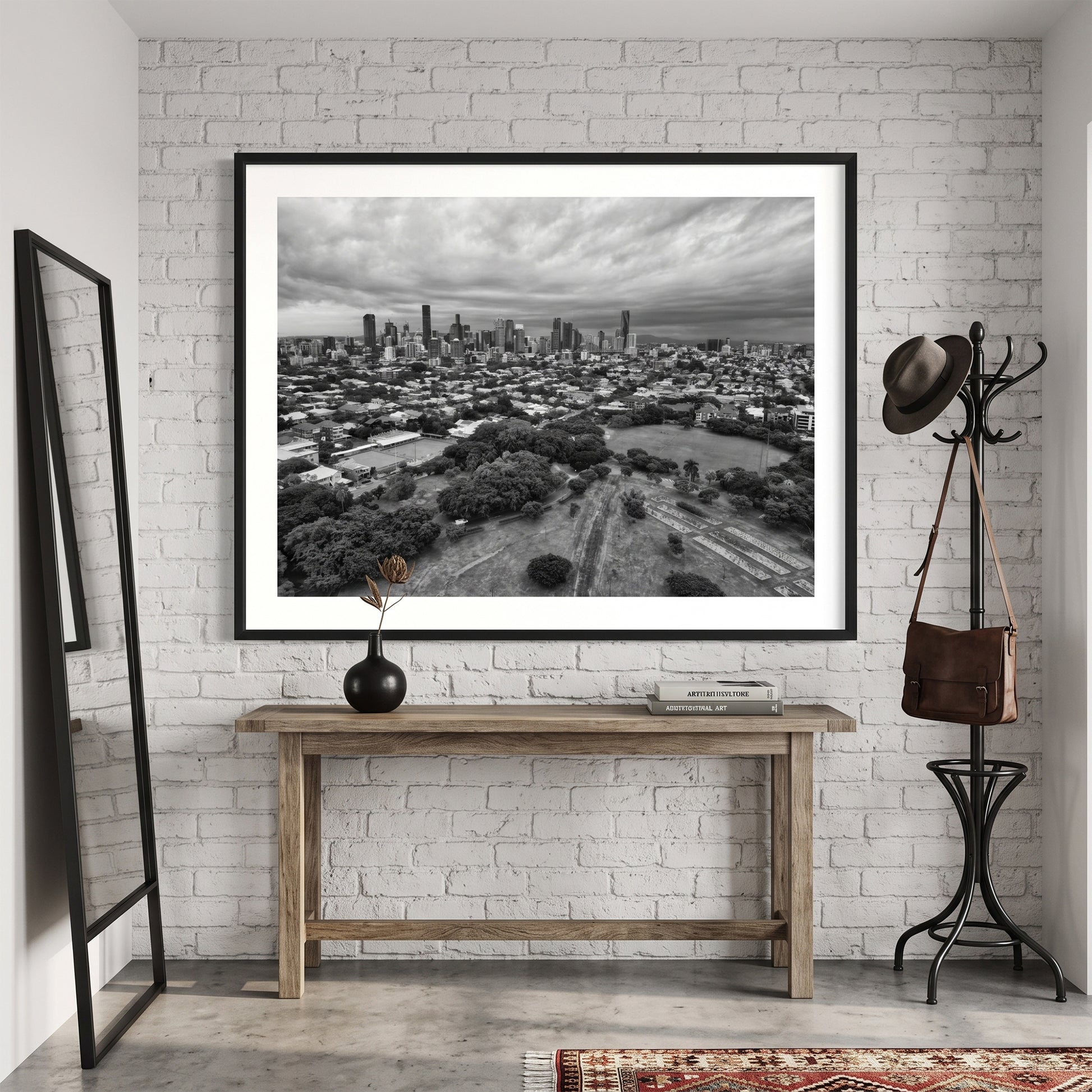 Aerial Brisbane City Skyline and New Farm Park Black and White Print