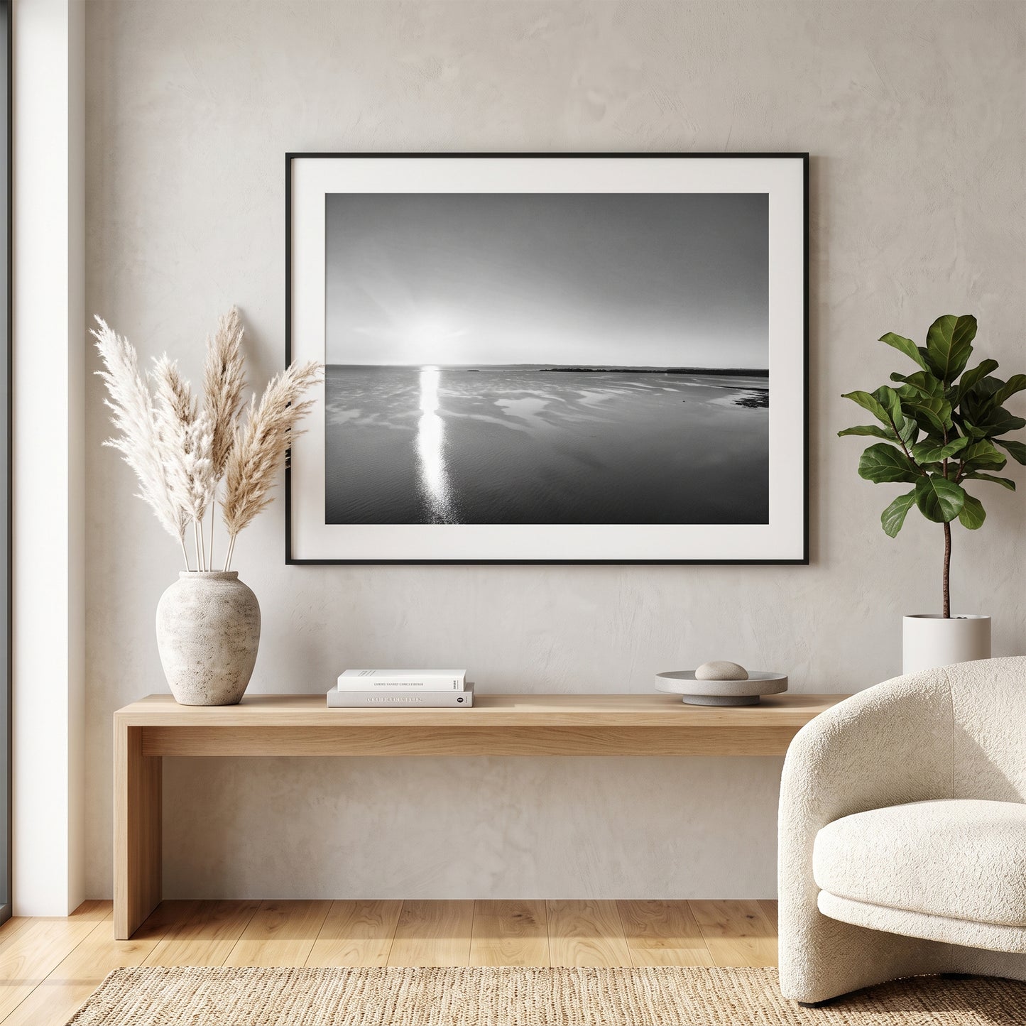 Moreton Bay Coastal Sunrise Black and White Print