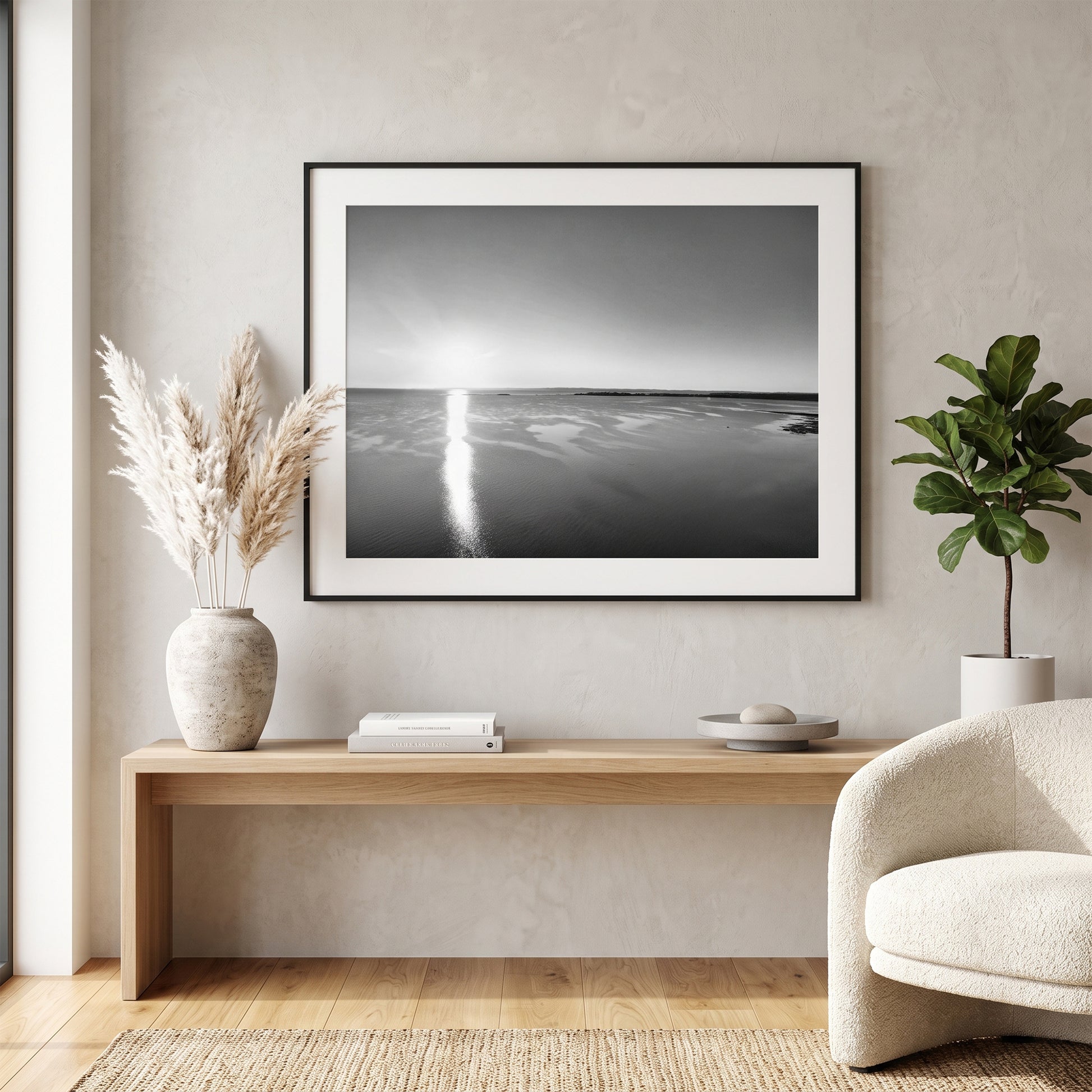 Moreton Bay Coastal Sunrise Black and White Print