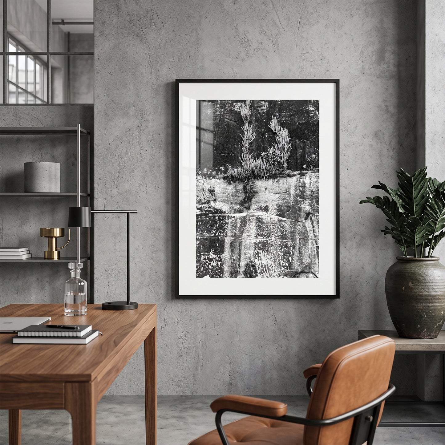 Resilient Plants on Weathered Rock Cliff Face Black and White Print