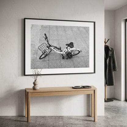 Rideshare Bicycle Overhead Black and White Print