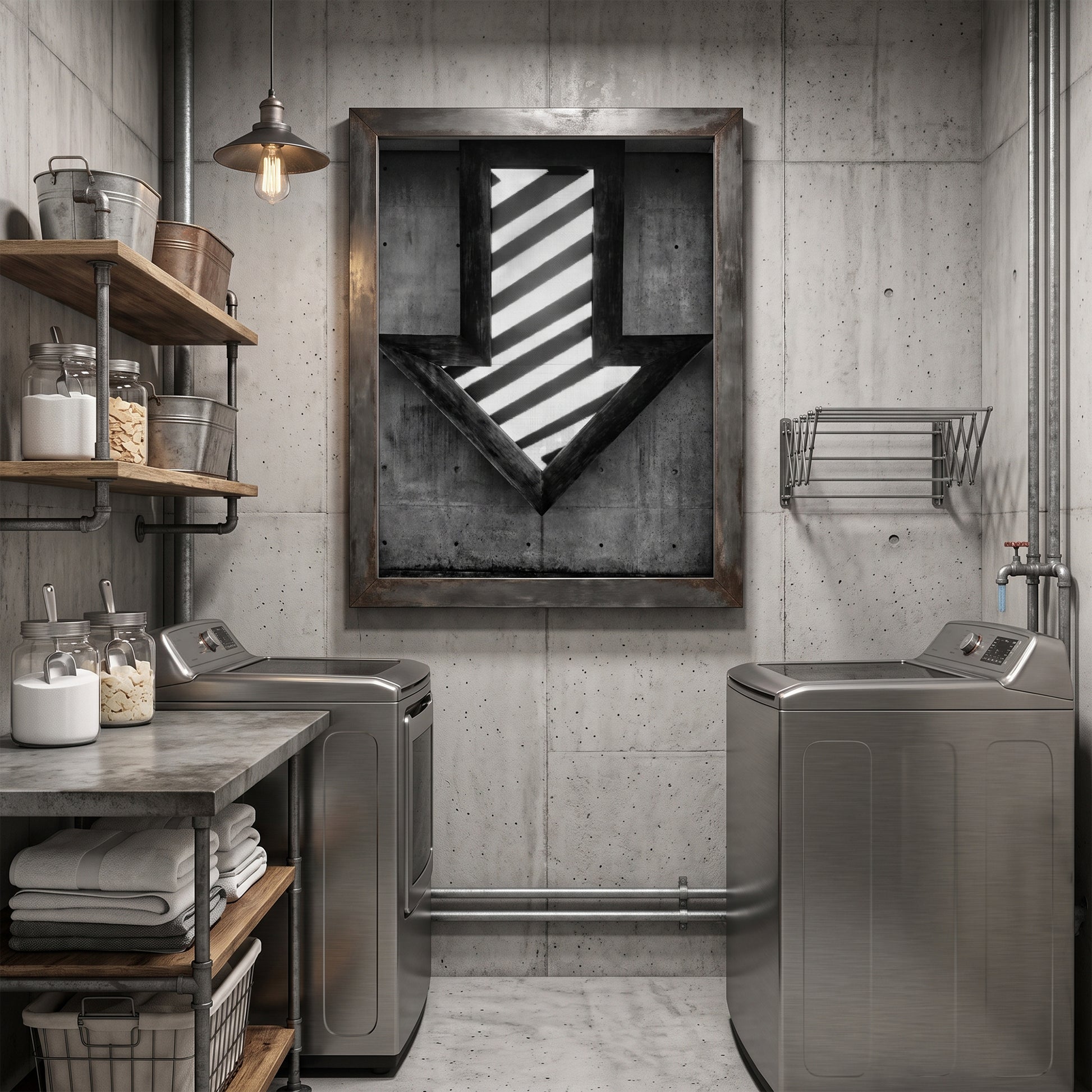 Illuminated Geometric Down Arrow on Textured Concrete Wall Black and White Print