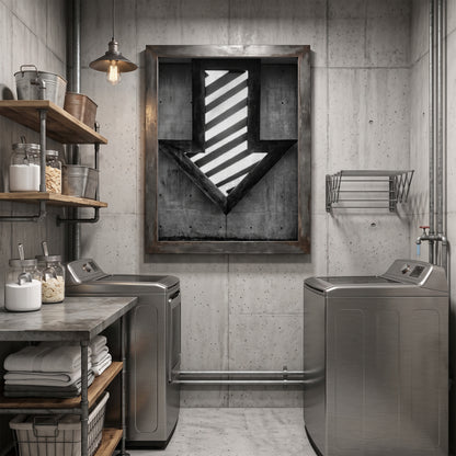 Illuminated Geometric Down Arrow on Textured Concrete Wall Black and White Print