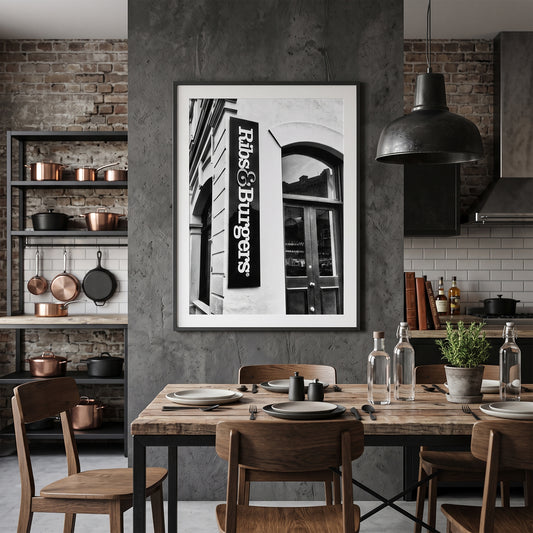 Ribs and Burgers Storefront Black and White Print
