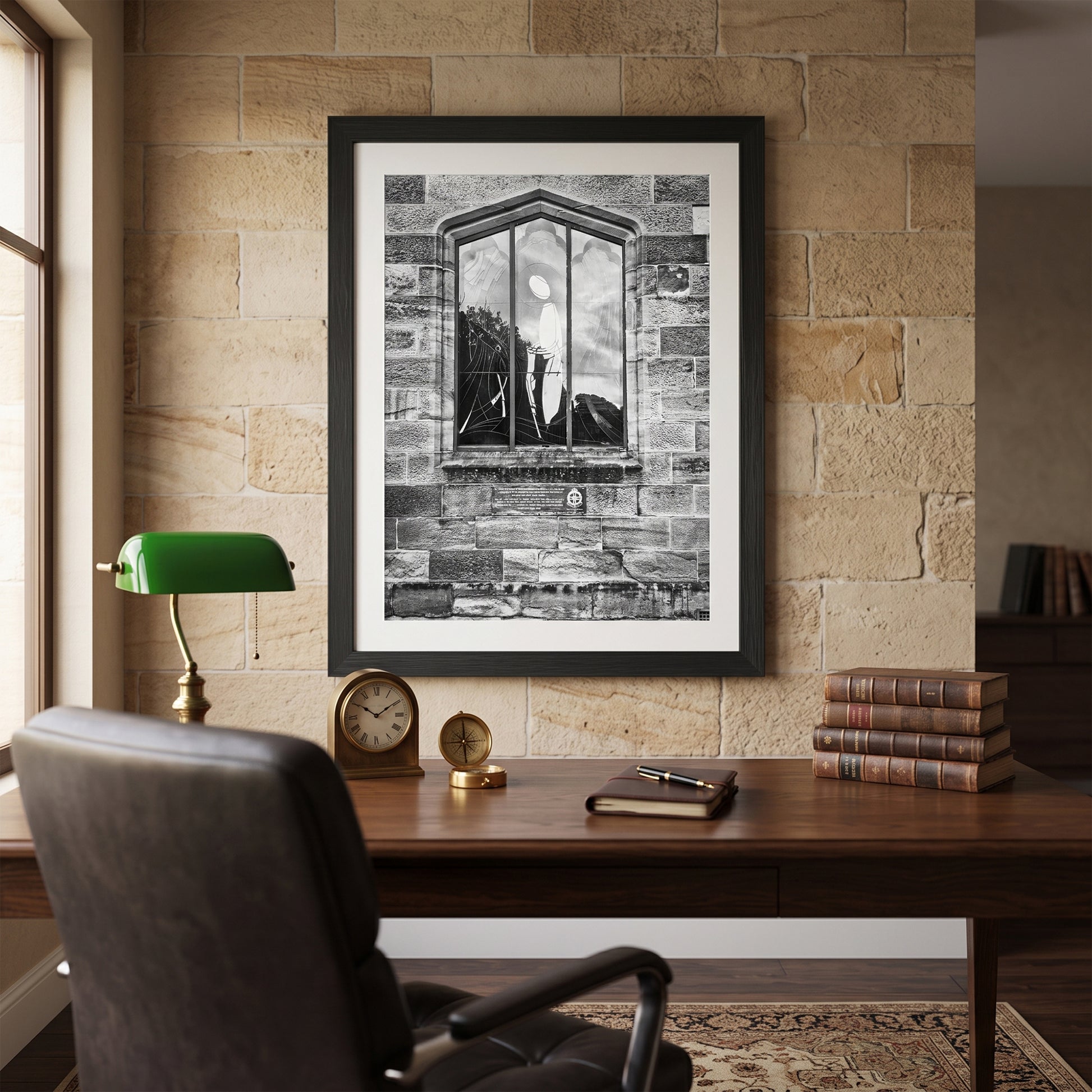 Memorial Stained Glass Window in Sandstone Black and White Print