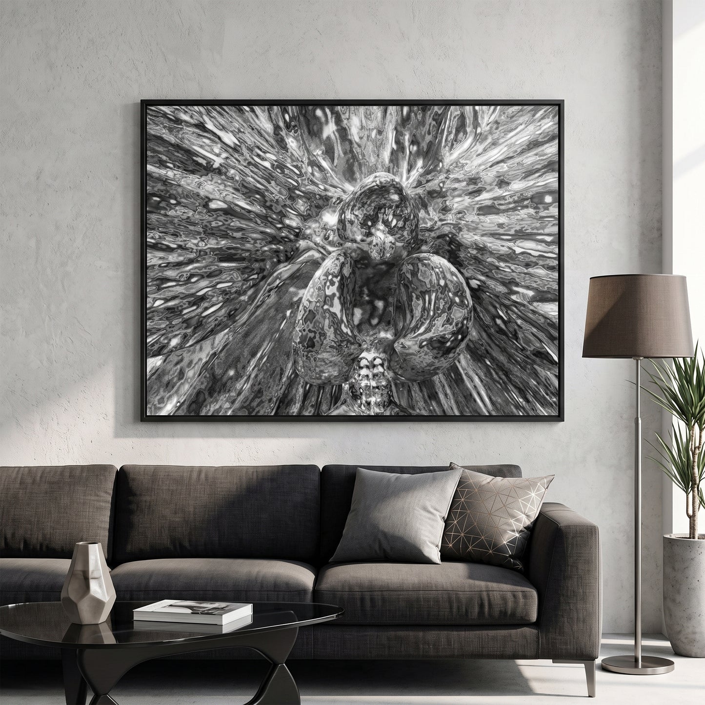 Abstract Metallic Orchid Bloom Black and White Print