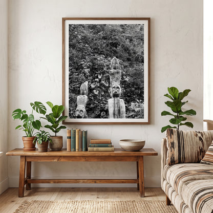 Carved Wooden Totem Poles in Lush Foliage Black and White Print
