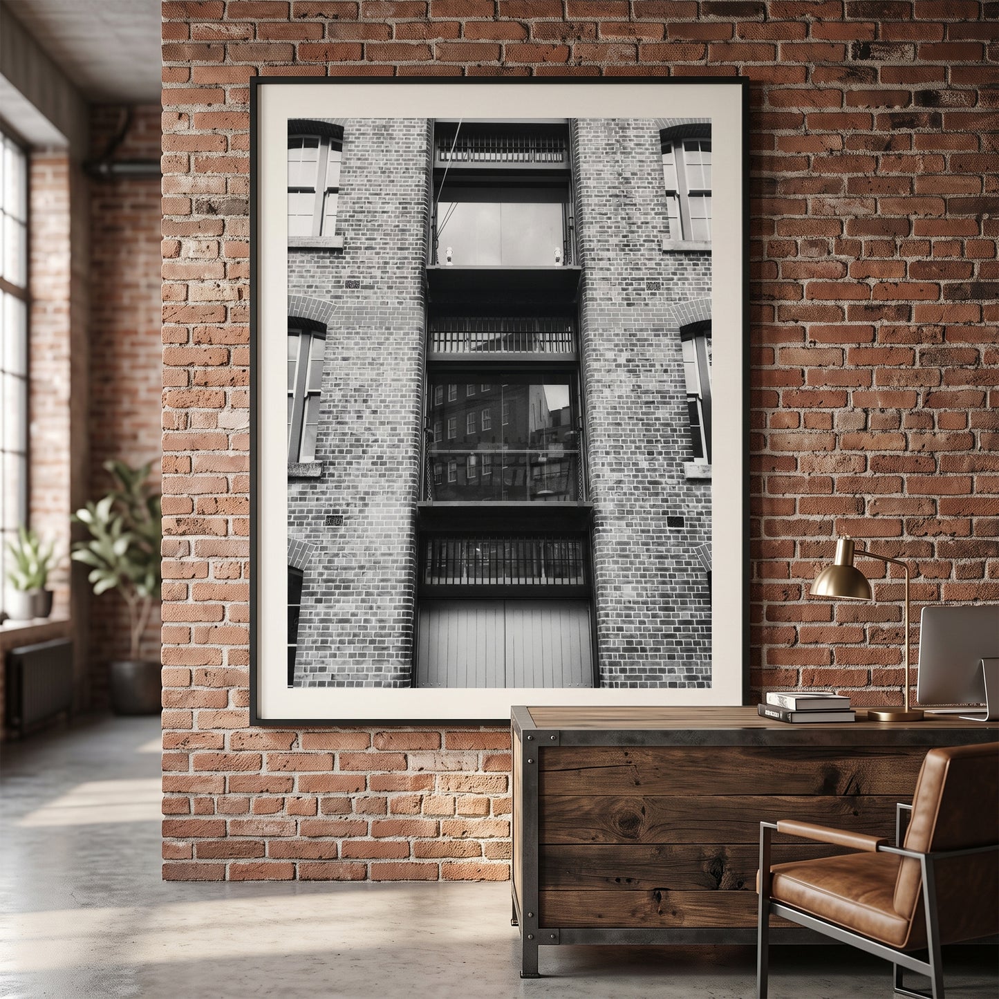 Industrial Brick Warehouse Facade Black and White Print
