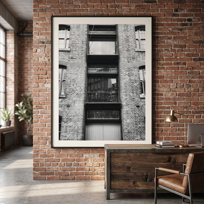 Industrial Brick Warehouse Facade Black and White Print
