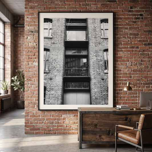 Industrial Brick Warehouse Facade Black and White Print
