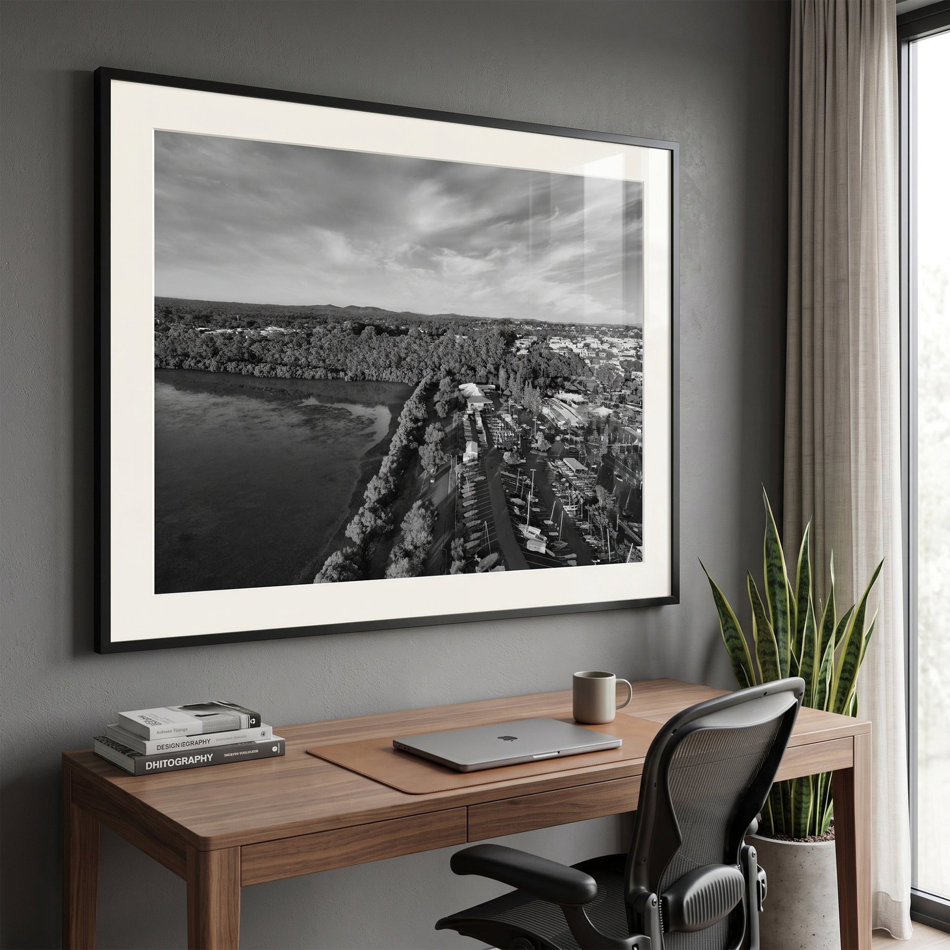 Inspiration Point Aerial Harbor View Manly Brisbane Black and White Print